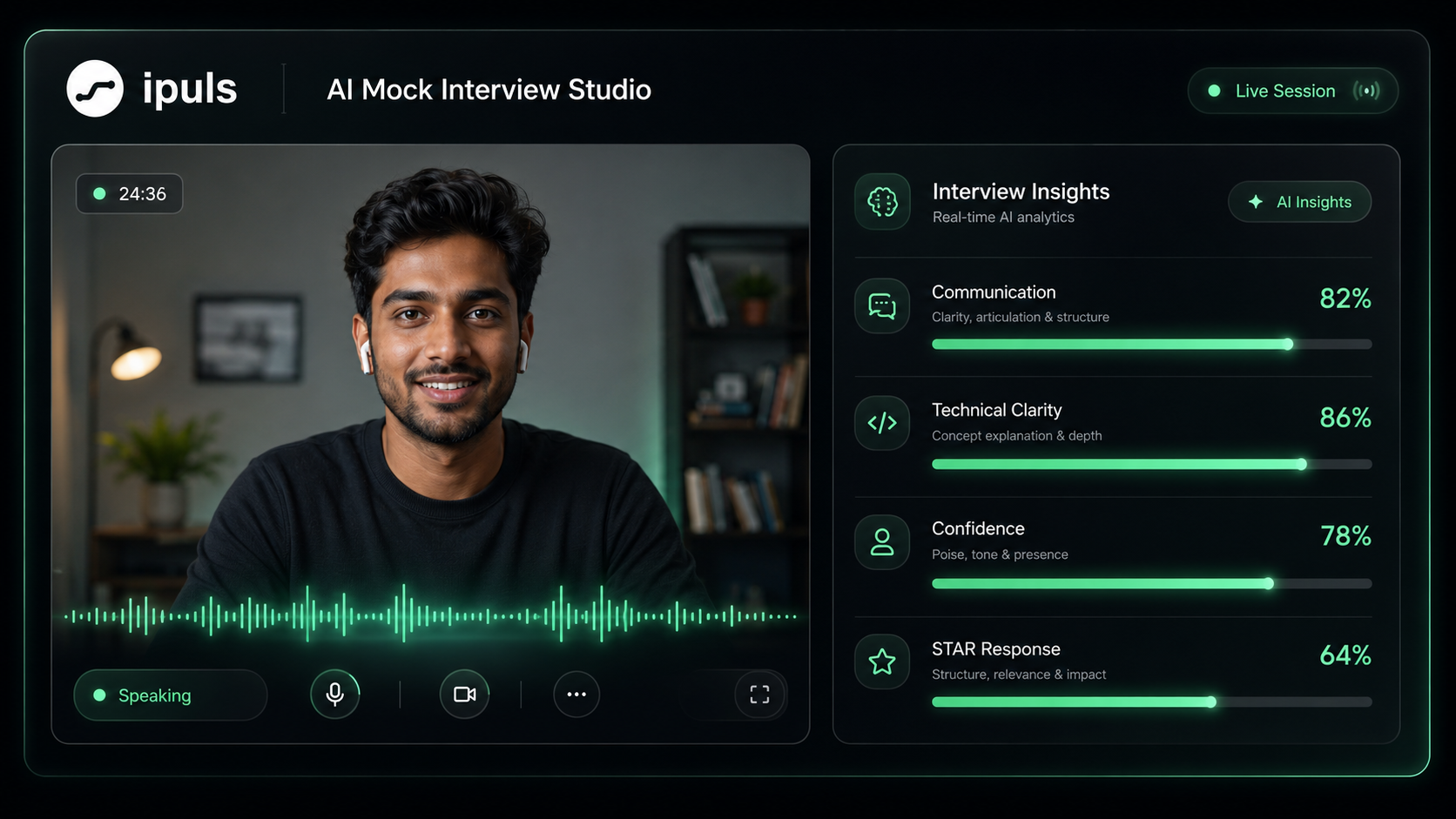 AI Mock Interview Studio showing webcam practice and insights metrics dashboard